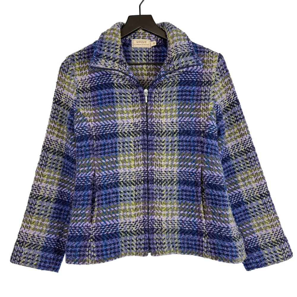 Weave of the Irish Wool Alpaca Blend Knit Jacket Plaid Blue Purple - Size S